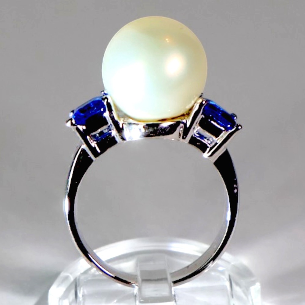 Swarovski Crystal Glass Pearl Ring Sterling Silver Overlay Size 8 Blue New